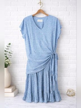 Vintage Diane Von Frustenburg Blue Floral Tie-Waist Midi Dress Spring Summer L